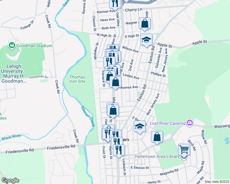 map of restaurants, bars, coffee shops, grocery stores, and more near 1075 Main Street in Hellertown