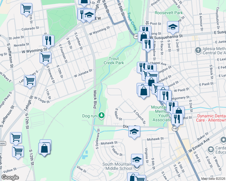 map of restaurants, bars, coffee shops, grocery stores, and more near 732 Trout Creek Lane in Allentown