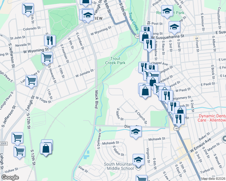 map of restaurants, bars, coffee shops, grocery stores, and more near 732 Trout Creek Lane in Allentown