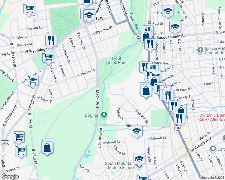 map of restaurants, bars, coffee shops, grocery stores, and more near 732 Trout Creek Lane in Allentown