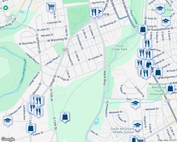 map of restaurants, bars, coffee shops, grocery stores, and more near 958 West Tioga Street in Allentown