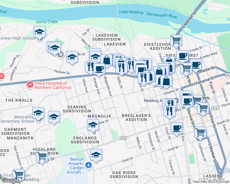 map of restaurants, bars, coffee shops, grocery stores, and more near 2134 Shasta Street in Redding