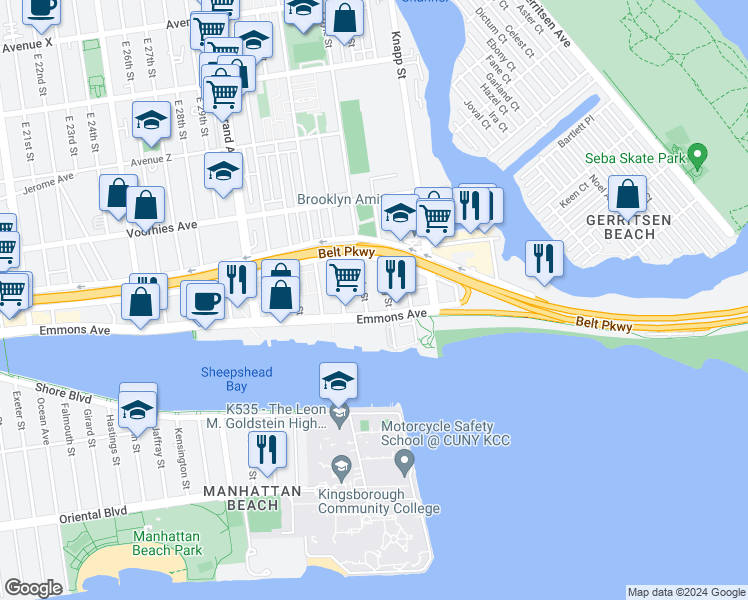 map of restaurants, bars, coffee shops, grocery stores, and more near 3165 Emmons Avenue in Brooklyn