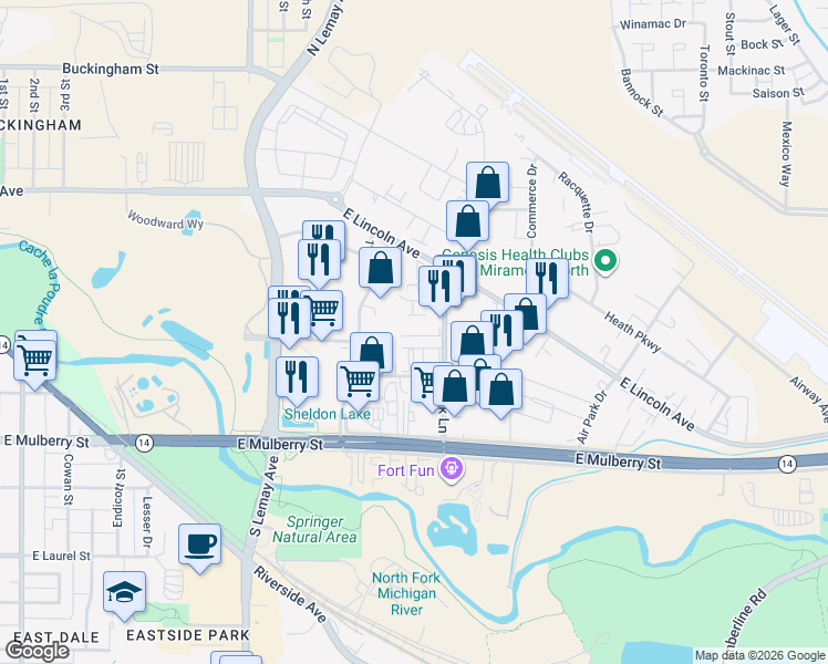 map of restaurants, bars, coffee shops, grocery stores, and more near 1418 East Magnolia Street in Fort Collins