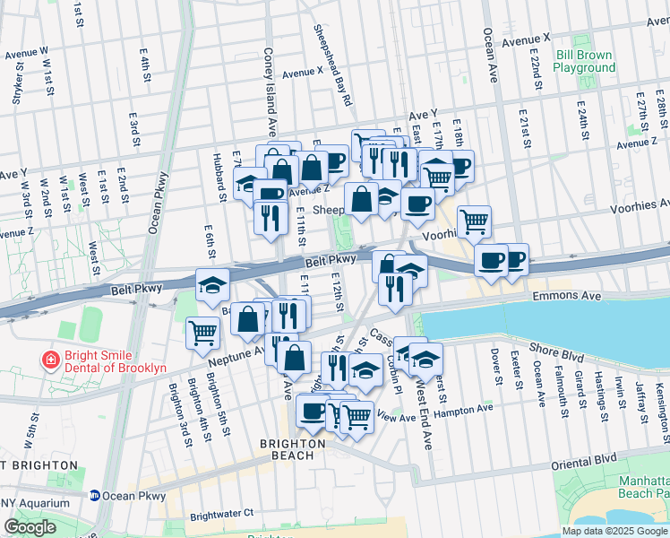map of restaurants, bars, coffee shops, grocery stores, and more near 2777 East 12th Street in Brooklyn