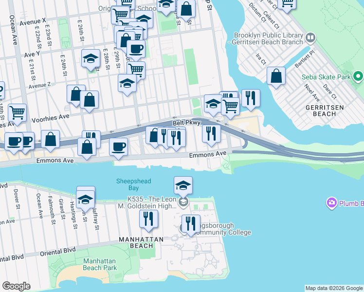map of restaurants, bars, coffee shops, grocery stores, and more near 3136A Emmons Avenue in Brooklyn