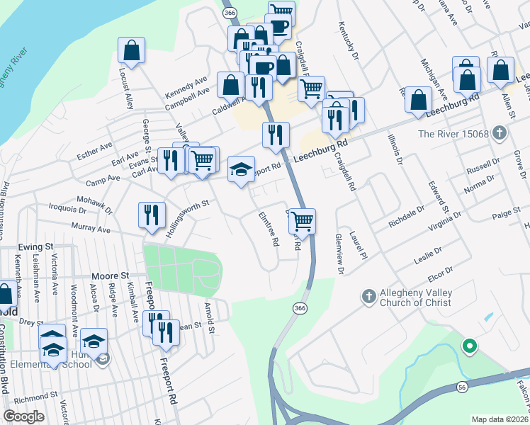 map of restaurants, bars, coffee shops, grocery stores, and more near 216 Elmtree Road in New Kensington