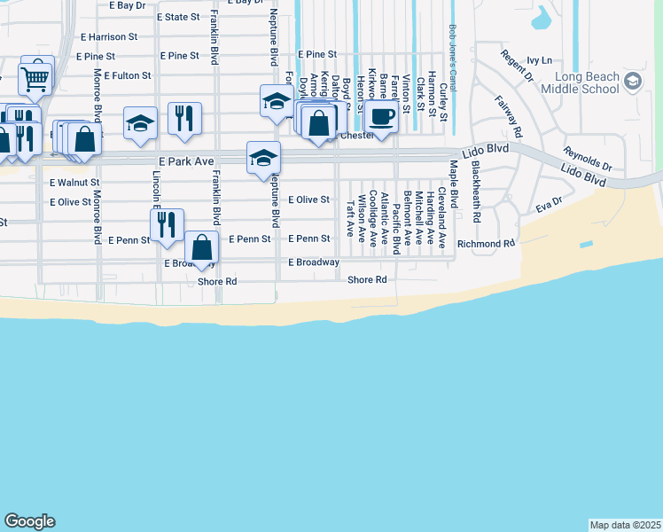 map of restaurants, bars, coffee shops, grocery stores, and more near 666 Shore Road in Long Beach