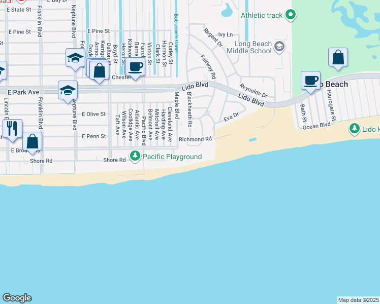 map of restaurants, bars, coffee shops, grocery stores, and more near 2 Richmond Road in Lido Beach