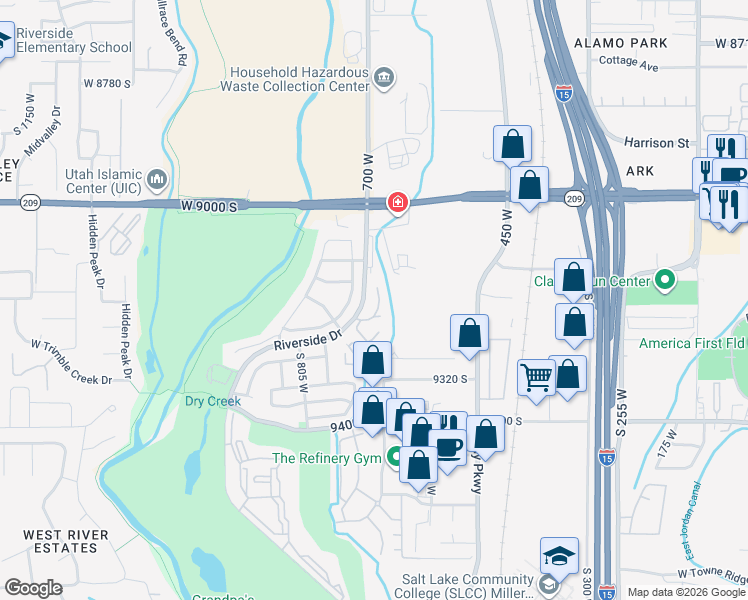 map of restaurants, bars, coffee shops, grocery stores, and more near 664 Jefferson Cove in Sandy