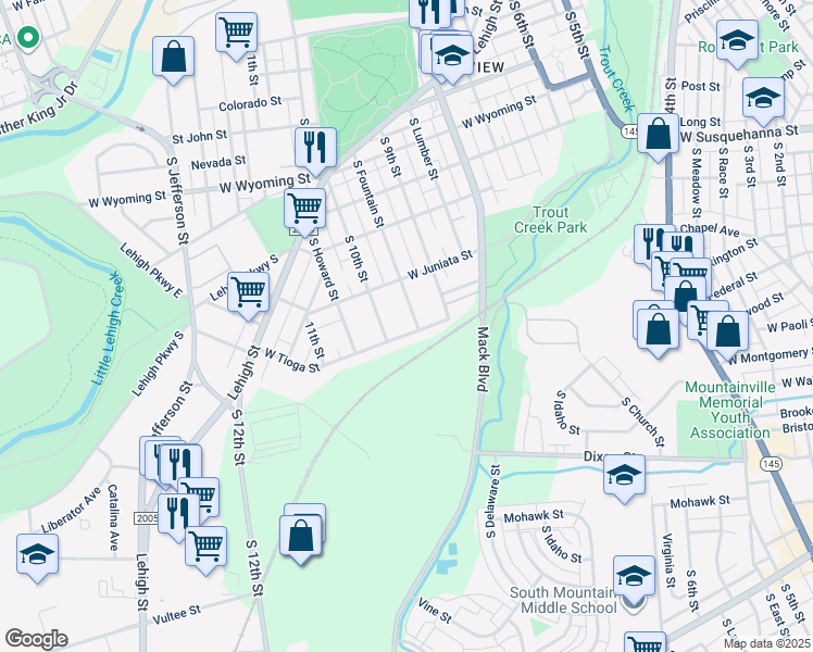 map of restaurants, bars, coffee shops, grocery stores, and more near 958 West Tioga Street in Allentown