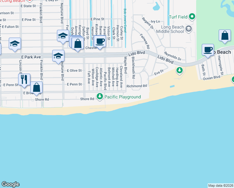 map of restaurants, bars, coffee shops, grocery stores, and more near 71 Harding Avenue in Long Beach