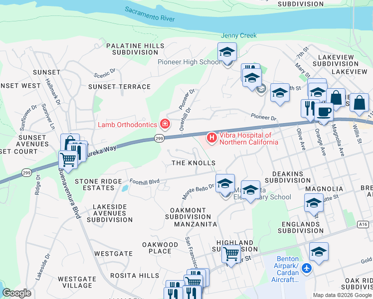 map of restaurants, bars, coffee shops, grocery stores, and more near 3148 Colombard Walk in Redding