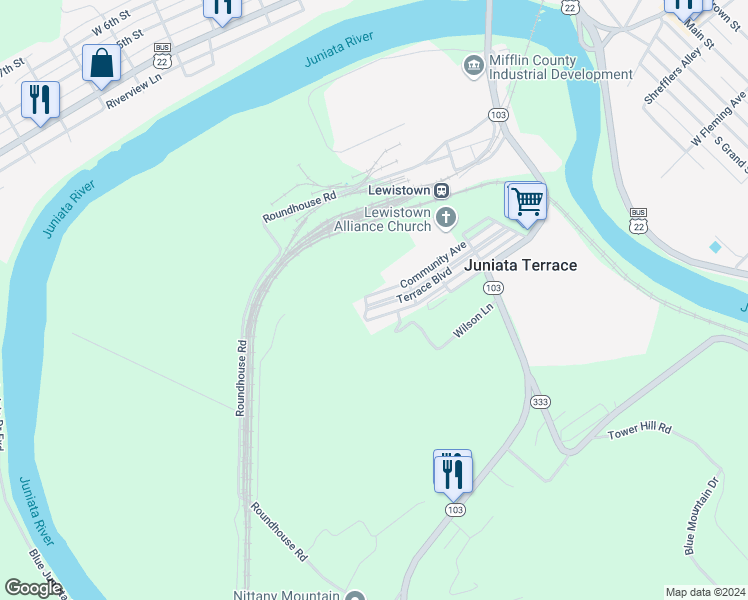map of restaurants, bars, coffee shops, grocery stores, and more near 348 Terrace Boulevard in Lewistown