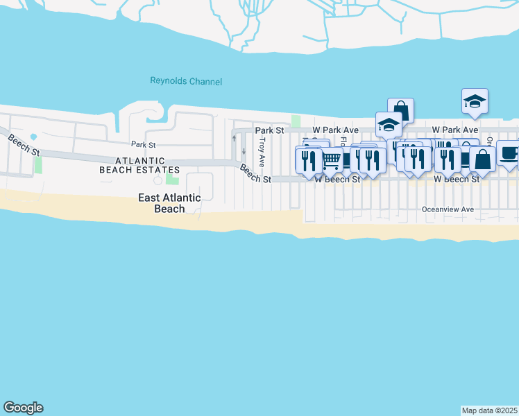 map of restaurants, bars, coffee shops, grocery stores, and more near 17 Troy Avenue in East Atlantic Beach