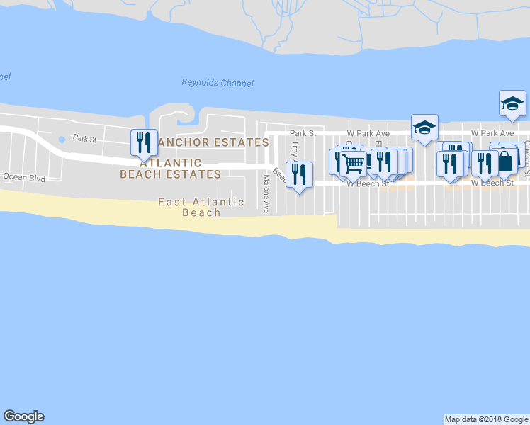 map of restaurants, bars, coffee shops, grocery stores, and more near 1 Malone Avenue in East Atlantic Beach