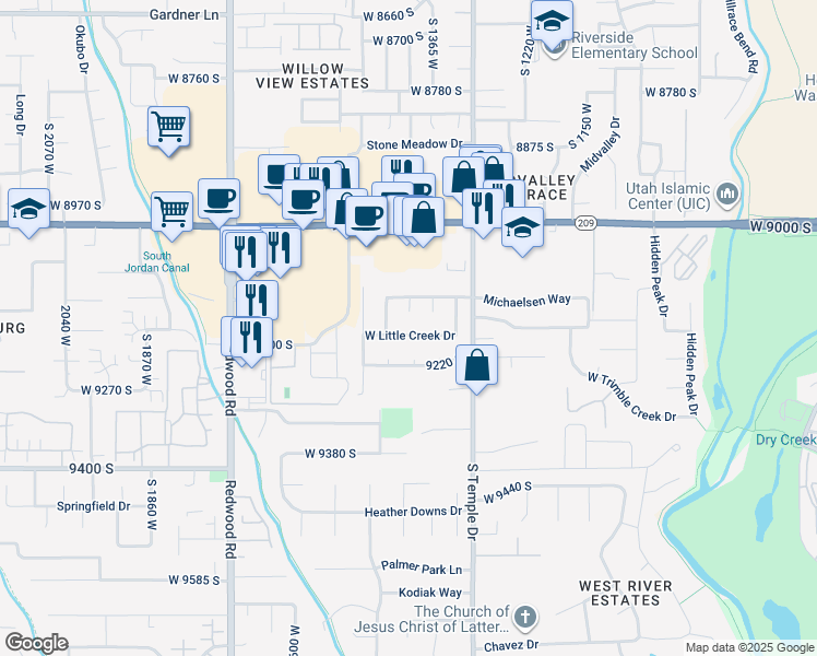 map of restaurants, bars, coffee shops, grocery stores, and more near 1412 West Little Creek Drive in West Jordan