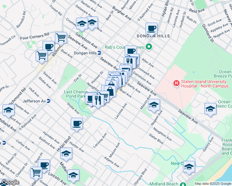 map of restaurants, bars, coffee shops, grocery stores, and more near 1816 Hylan Boulevard in Staten Island