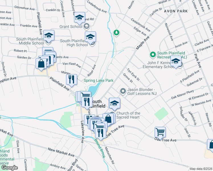 map of restaurants, bars, coffee shops, grocery stores, and more near 509 Maple Avenue in South Plainfield