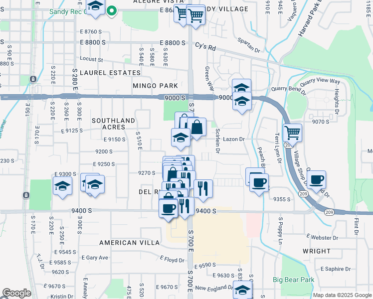 map of restaurants, bars, coffee shops, grocery stores, and more near 9206 South 700 East in Sandy