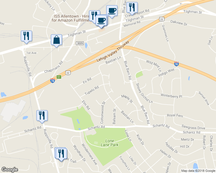 map of restaurants, bars, coffee shops, grocery stores, and more near 322 Tupelo Court in Allentown