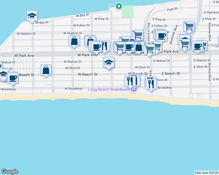 map of restaurants, bars, coffee shops, grocery stores, and more near 431-401 Oceanfront in Long Beach