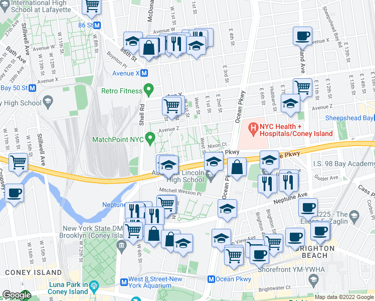 map of restaurants, bars, coffee shops, grocery stores, and more near 19 Shore Parkway in Brooklyn