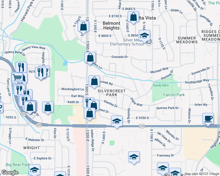 map of restaurants, bars, coffee shops, grocery stores, and more near 1433 Plata Way in Sandy