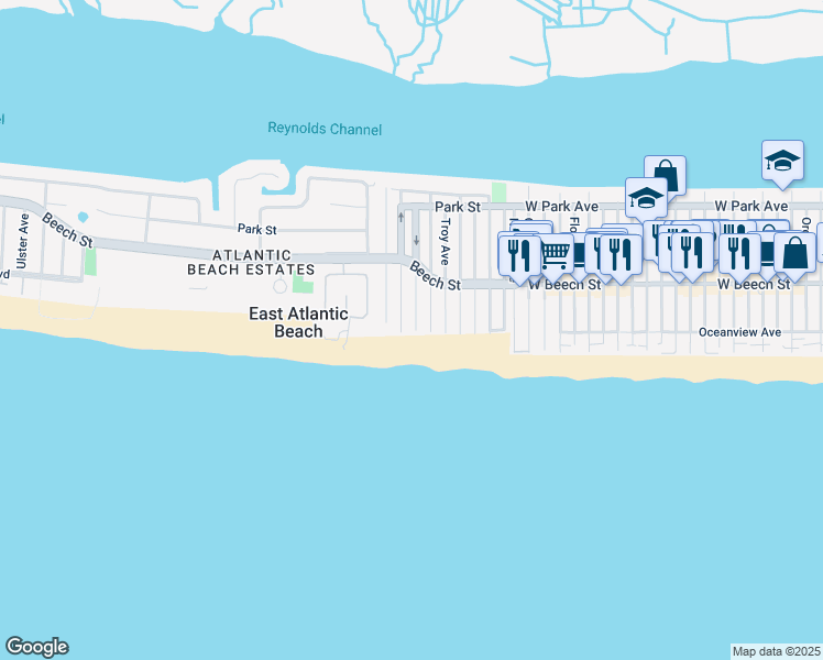 map of restaurants, bars, coffee shops, grocery stores, and more near 1 Malone Avenue in East Atlantic Beach