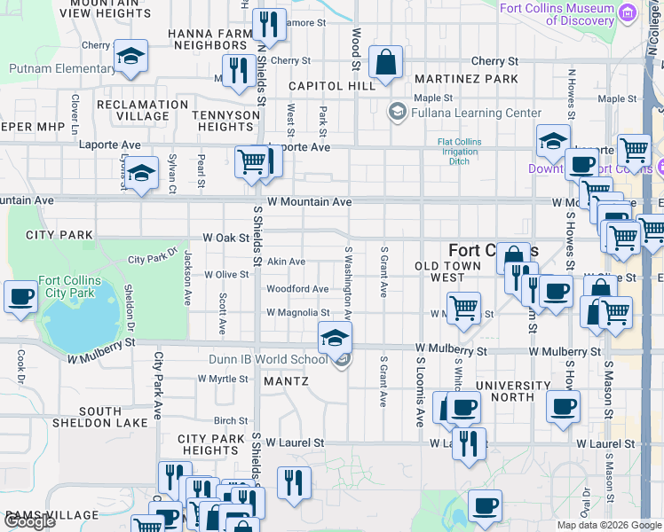 map of restaurants, bars, coffee shops, grocery stores, and more near 915 Akin Avenue in Fort Collins