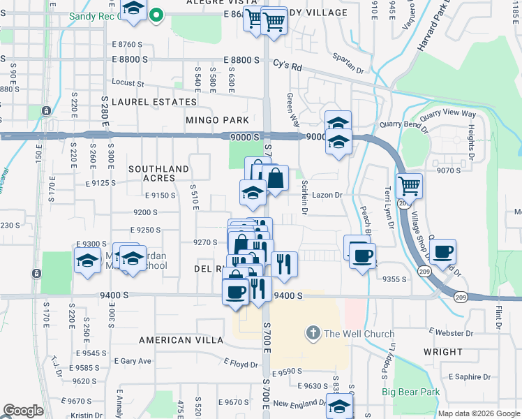map of restaurants, bars, coffee shops, grocery stores, and more near 9228 South 700 East in Sandy