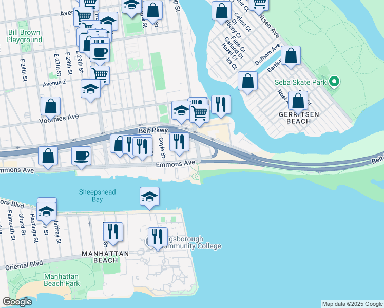 map of restaurants, bars, coffee shops, grocery stores, and more near 3235 Emmons Avenue in Brooklyn