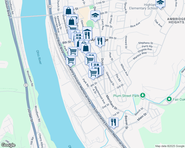 map of restaurants, bars, coffee shops, grocery stores, and more near 420 Maplewood Avenue in Ambridge