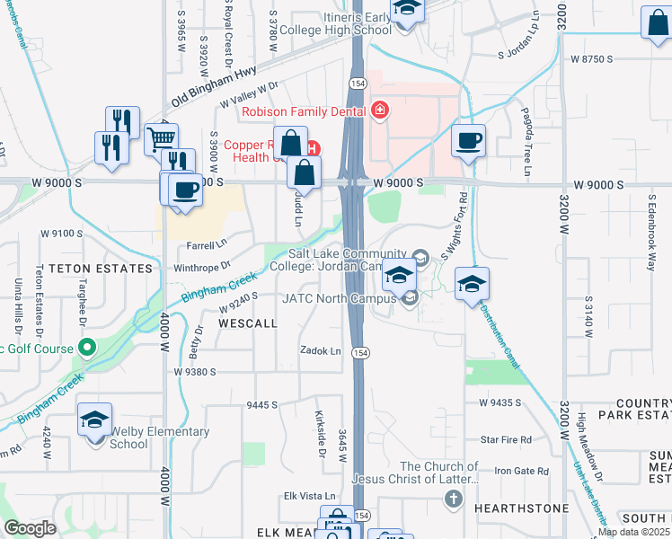 map of restaurants, bars, coffee shops, grocery stores, and more near 9172 South New Heritage Drive in West Jordan
