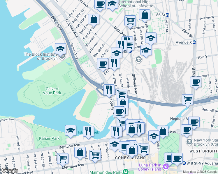 map of restaurants, bars, coffee shops, grocery stores, and more near 159 Bay 52nd Street in Brooklyn