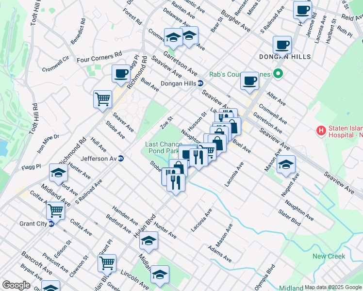 map of restaurants, bars, coffee shops, grocery stores, and more near 225 Seaver Avenue in Staten Island