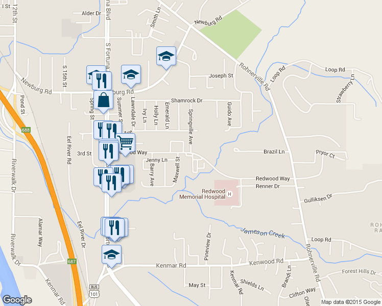 map of restaurants, bars, coffee shops, grocery stores, and more near Redwood Way & Springville Avenue in Fortuna