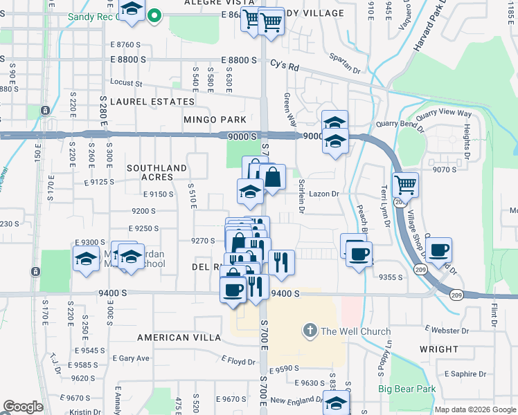 map of restaurants, bars, coffee shops, grocery stores, and more near 9228 South 700 East in Sandy
