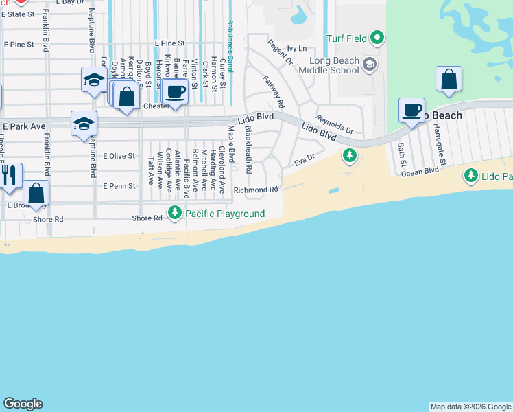map of restaurants, bars, coffee shops, grocery stores, and more near 2 Richmond Road in Lido Beach