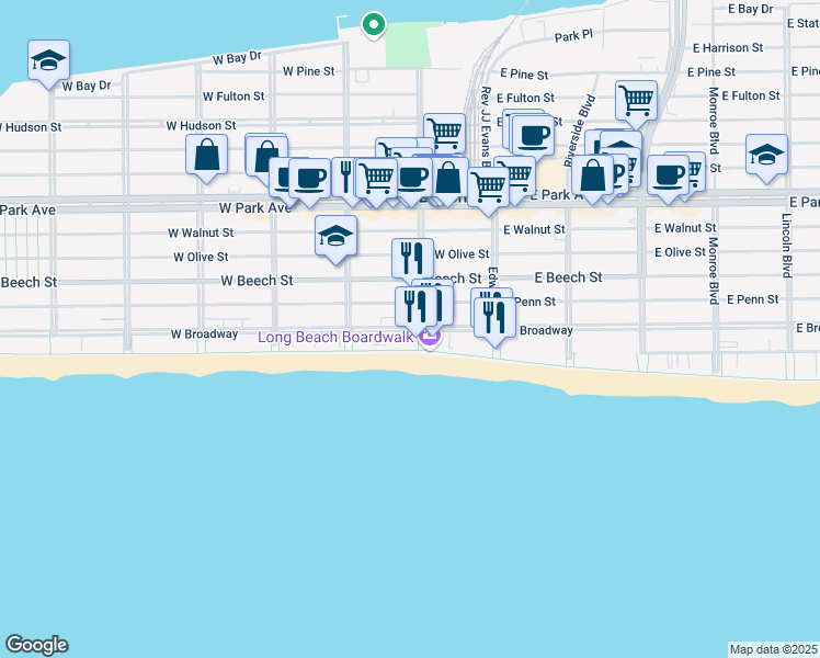 map of restaurants, bars, coffee shops, grocery stores, and more near 100 West Broadway in Long Beach