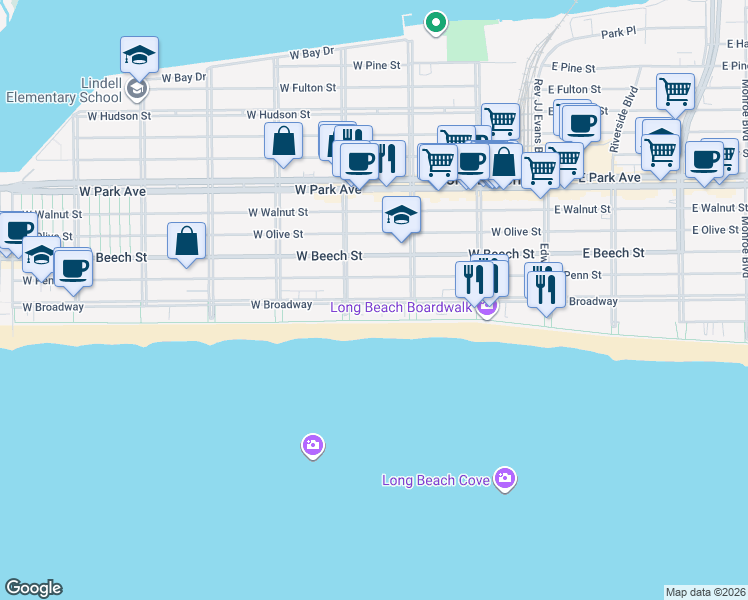 map of restaurants, bars, coffee shops, grocery stores, and more near 230 West Broadway in Long Beach