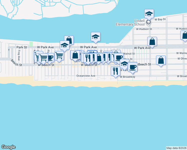 map of restaurants, bars, coffee shops, grocery stores, and more near 879 Boardwalk in Long Beach