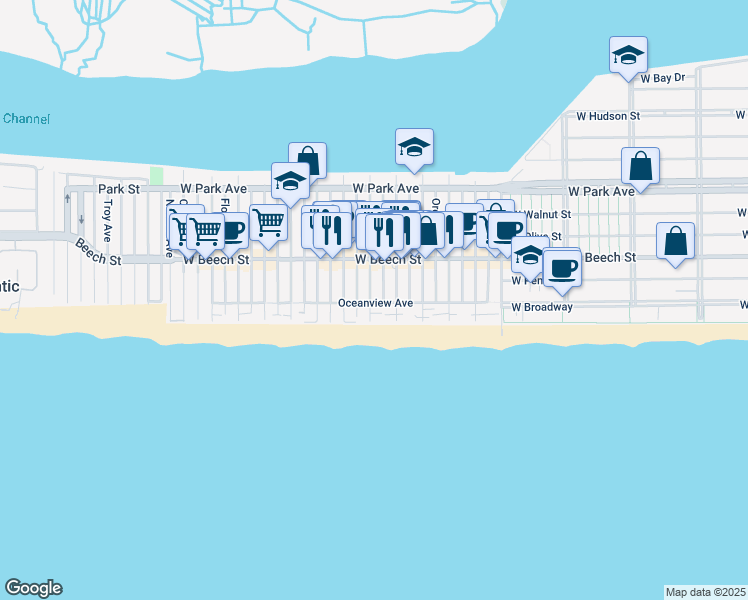 map of restaurants, bars, coffee shops, grocery stores, and more near 927 Ocean Beach Park in Long Beach