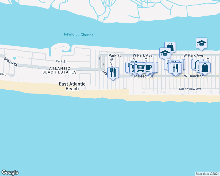 map of restaurants, bars, coffee shops, grocery stores, and more near 17 Troy Avenue in East Atlantic Beach