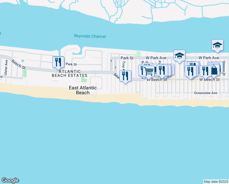 map of restaurants, bars, coffee shops, grocery stores, and more near 1 Malone Avenue in East Atlantic Beach
