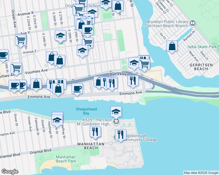 map of restaurants, bars, coffee shops, grocery stores, and more near 3075 Emmons Avenue in Brooklyn