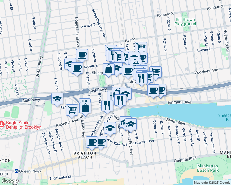 map of restaurants, bars, coffee shops, grocery stores, and more near 11 Columbia Court in Brooklyn