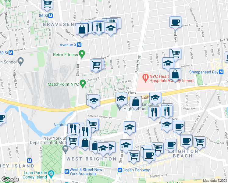 map of restaurants, bars, coffee shops, grocery stores, and more near 2684 West Street in Brooklyn