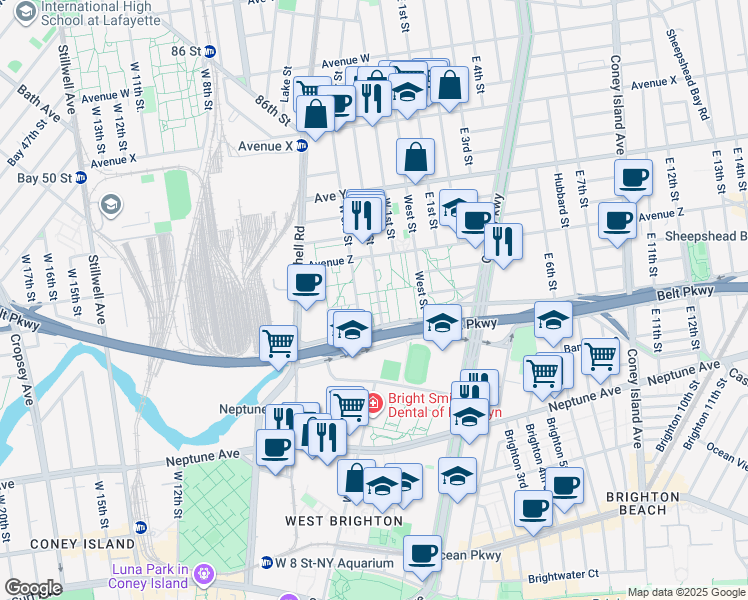 map of restaurants, bars, coffee shops, grocery stores, and more near 19 Shore Parkway in Brooklyn