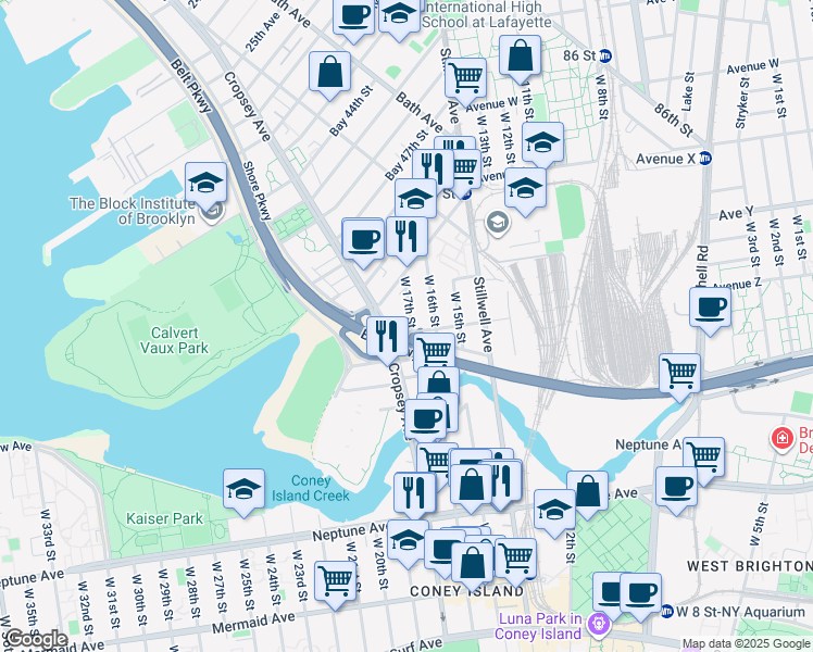map of restaurants, bars, coffee shops, grocery stores, and more near 2939 Cropsey Avenue in Brooklyn